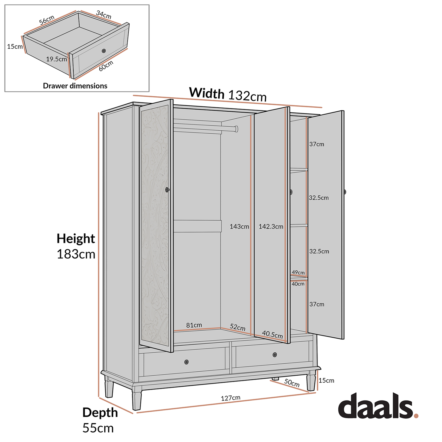 Armoire triple sculptée blanchie à la chaux de Chantilly