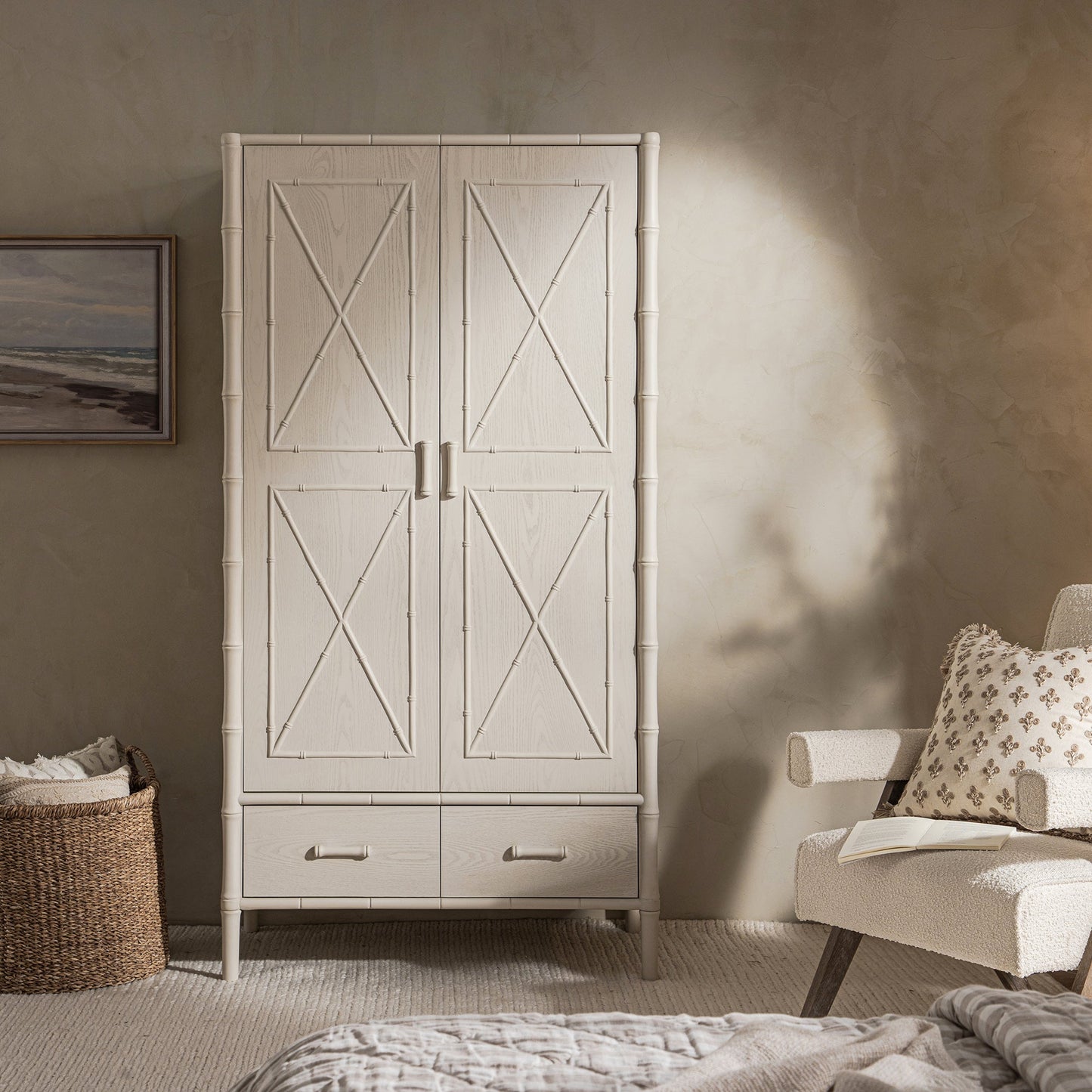 Armoire double Elstowe en imitation bambou, blanc ombré