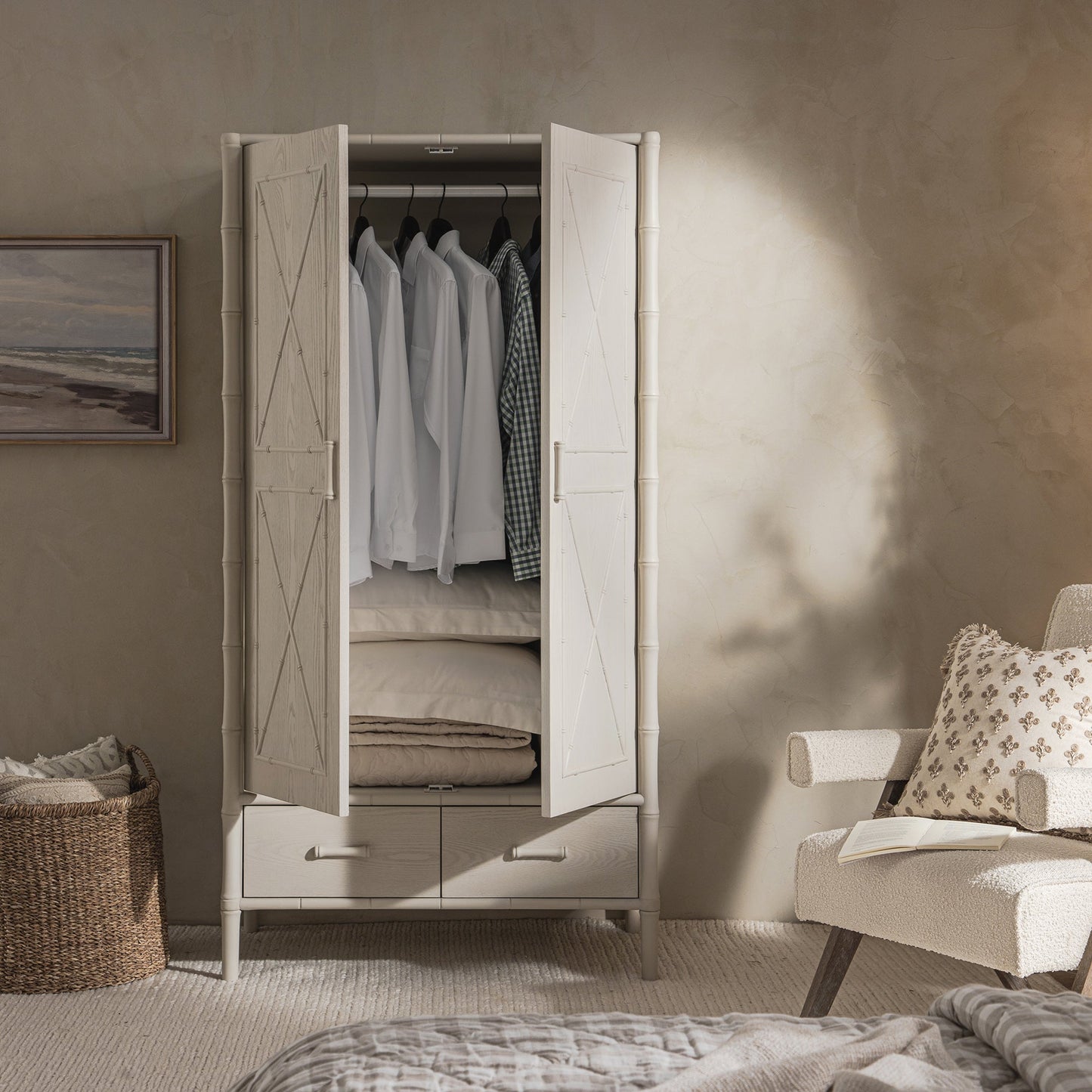 Armoire double Elstowe en imitation bambou, blanc ombré