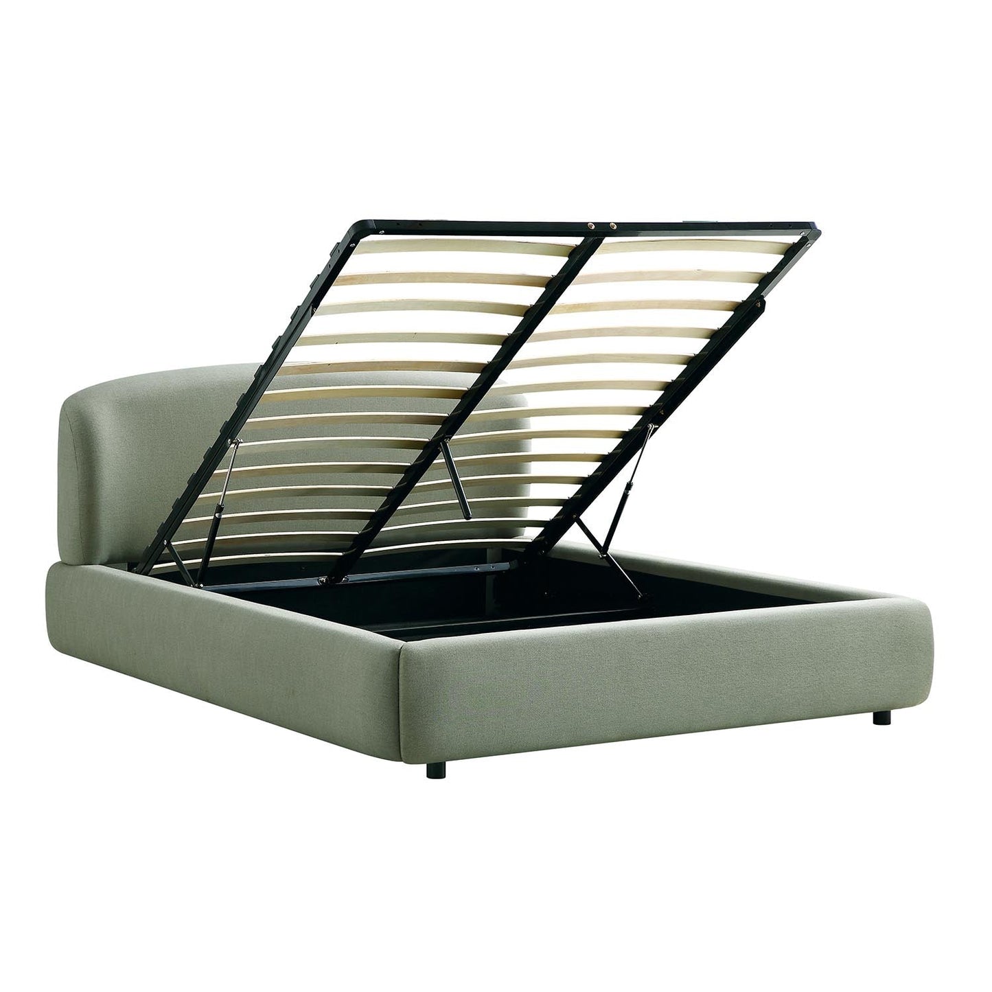 Lit ottoman de rangement Constance avec tête de lit ailée, lin olive