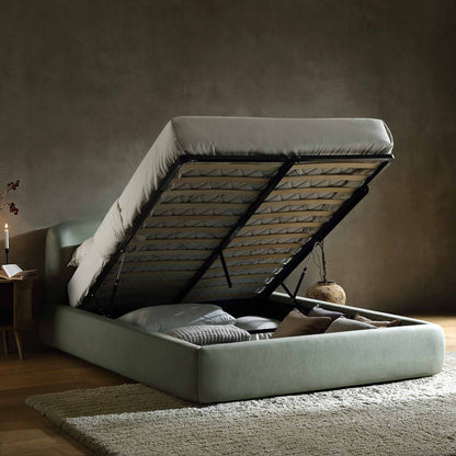 Lit ottoman de rangement Constance avec tête de lit ailée, lin olive