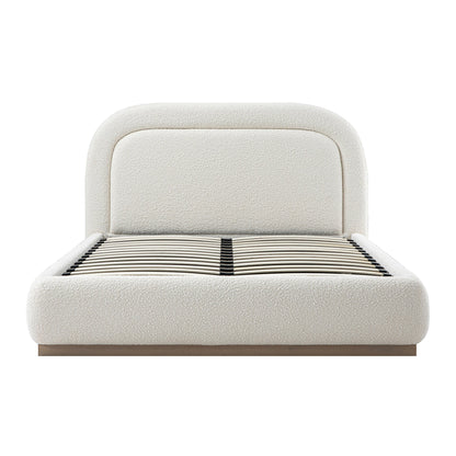 Lit coffre rembourré en bois Luella, modèle Boucle écru