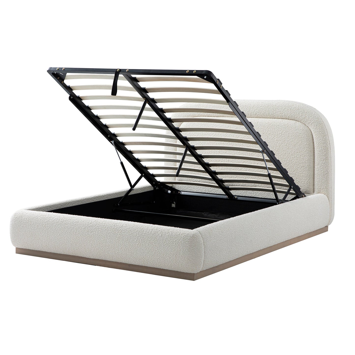 Lit coffre rembourré en bois Luella, modèle Boucle écru