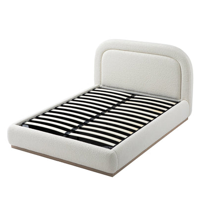 Lit coffre rembourré en bois Luella, modèle Boucle écru