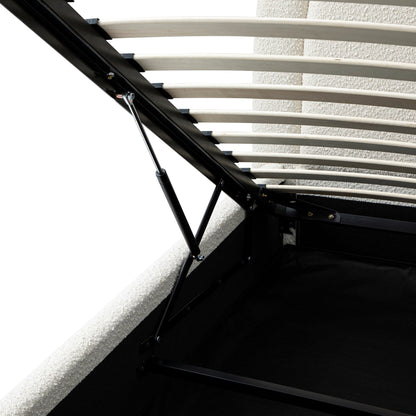 Lit coffre rembourré en bois Luella, modèle Boucle écru