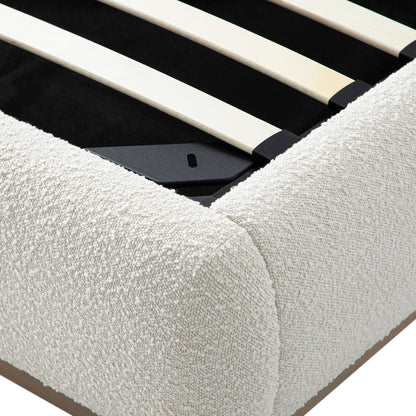 Lit coffre rembourré en bois Luella, modèle Boucle écru