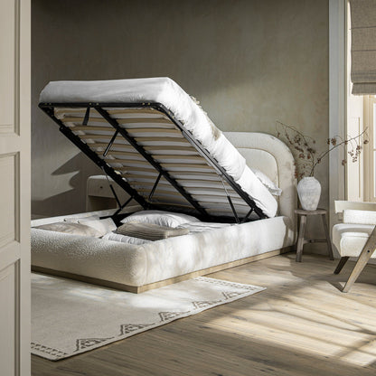 Lit coffre rembourré en bois Luella, modèle Boucle écru