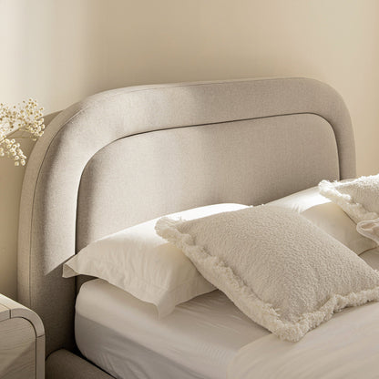 Lit avec sommier tapissier en bois Luella, tissu sable