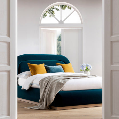 Lit de rangement rembourré en bois Luella, velours bleu sarcelle