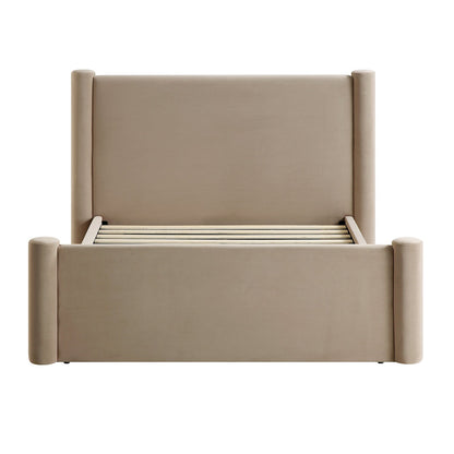 Lit à colonnes rembourré en velours taupe Galerie