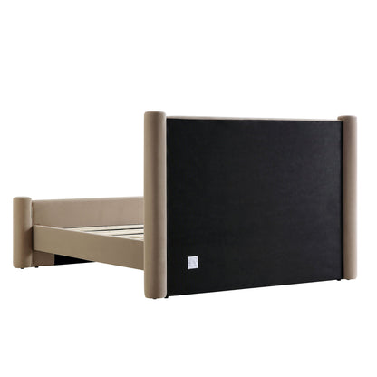 Lit à colonnes rembourré en velours taupe Galerie