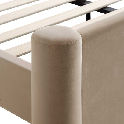 Lit à colonnes rembourré en velours taupe Galerie