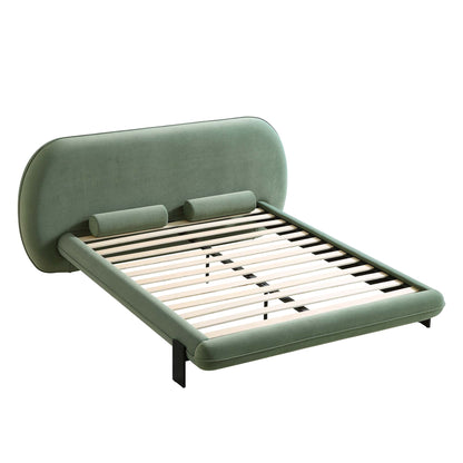 Lit rembourré à tête de lit ovale Elystan, tissu vert olive