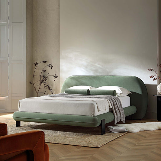 Lit rembourré à tête de lit ovale Elystan, tissu vert olive