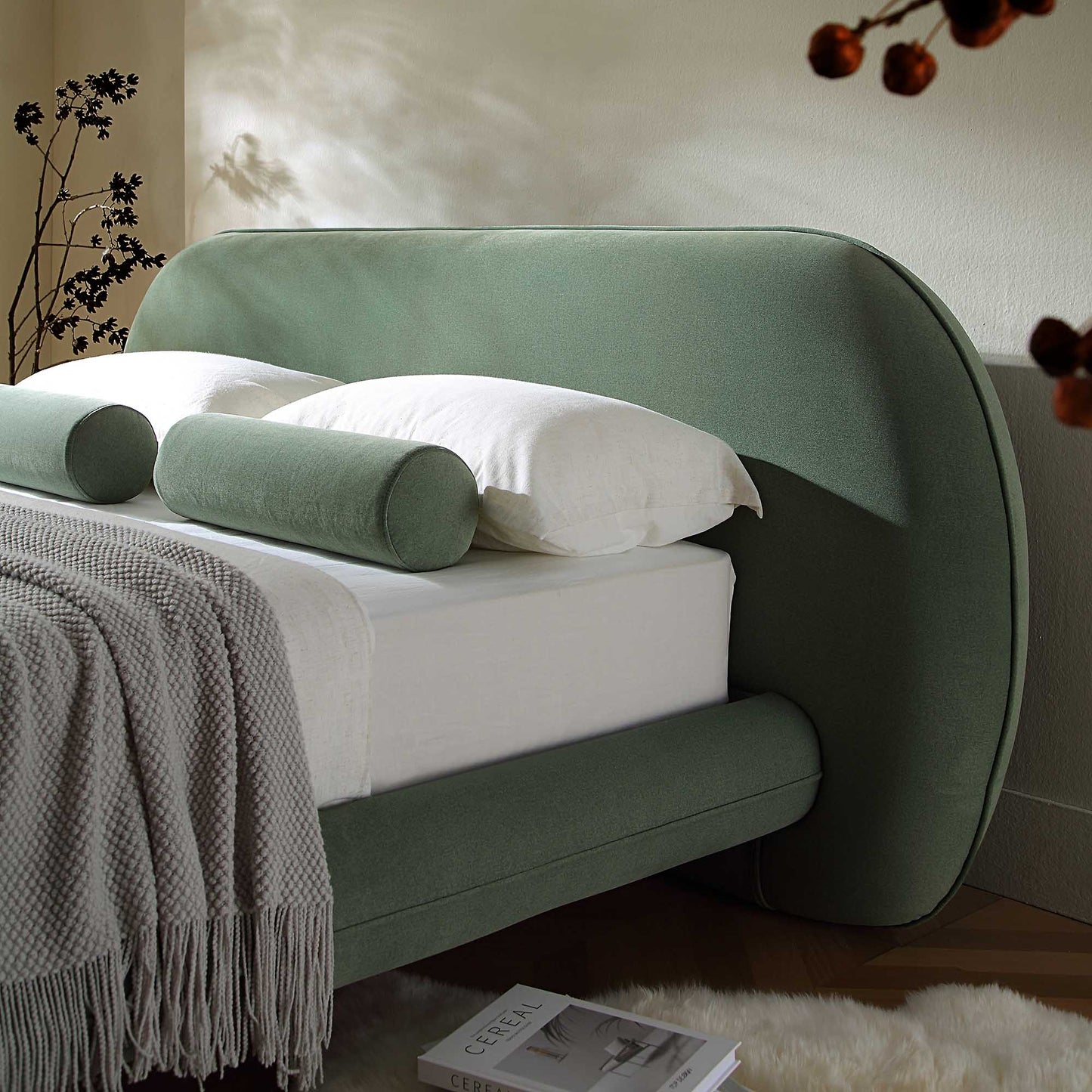 Lit rembourré à tête de lit ovale Elystan, tissu vert olive