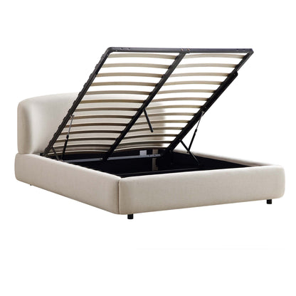Lit ottoman de rangement Constance avec tête de lit à oreilles, lin beige
