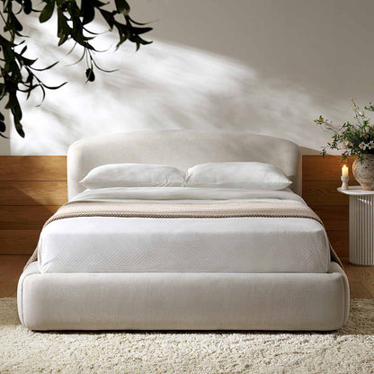 Lit ottoman de rangement Constance avec tête de lit à oreilles, lin beige