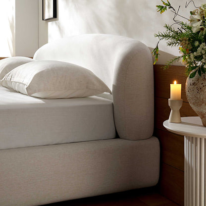 Lit ottoman de rangement Constance avec tête de lit à oreilles, lin beige