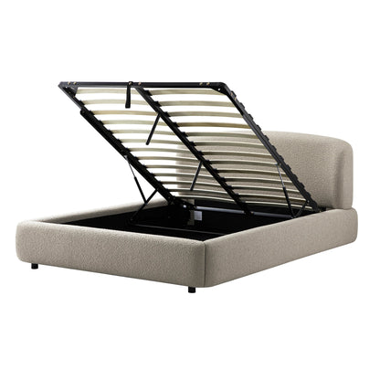 Lit coffre ottoman Constance avec tête de lit ailée, boucle taupe clair