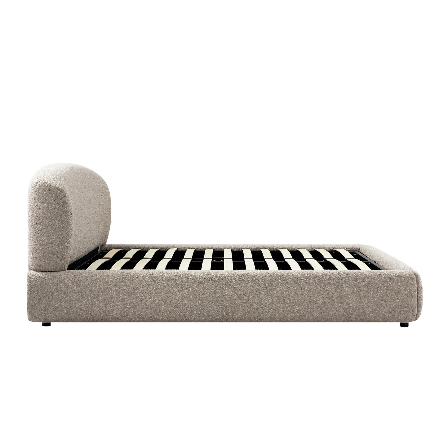 Lit coffre ottoman Constance avec tête de lit ailée, boucle taupe clair