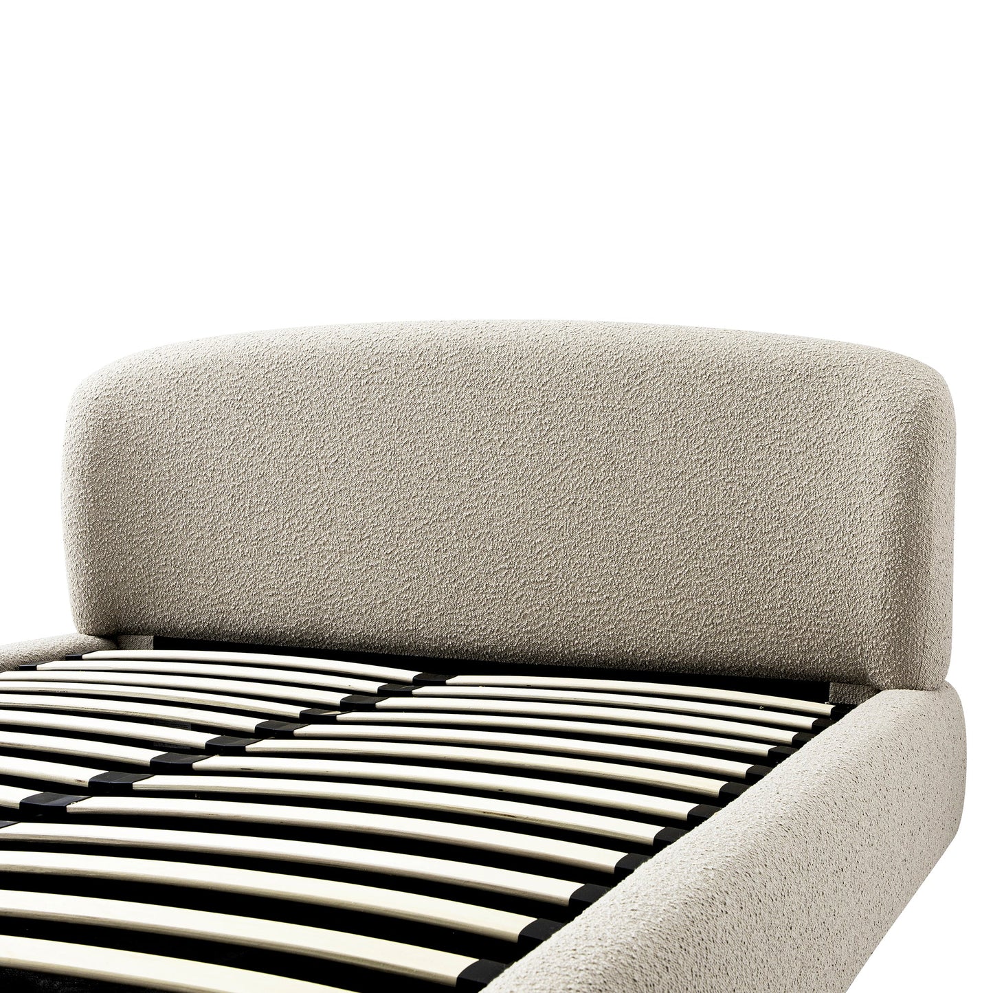 Lit coffre ottoman Constance avec tête de lit ailée, boucle taupe clair