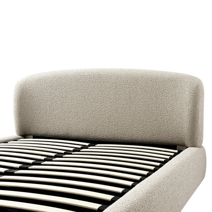 Lit coffre ottoman Constance avec tête de lit ailée, boucle taupe clair