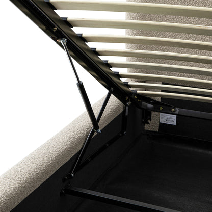 Lit coffre ottoman Constance avec tête de lit ailée, boucle taupe clair