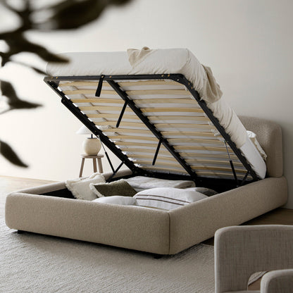 Lit coffre ottoman Constance avec tête de lit ailée, boucle taupe clair