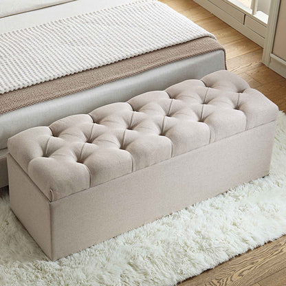 Banc de rangement ottoman à boutons profonds Leamington, tissu avoine