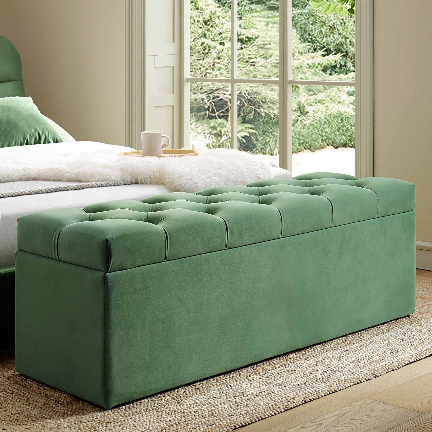 Banc de rangement ottoman à boutons profonds Leamington, velours vert prairie