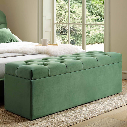 Banc de rangement ottoman à boutons profonds Leamington, velours vert prairie