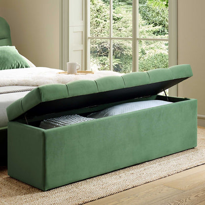 Banc de rangement ottoman à boutons profonds Leamington, velours vert prairie