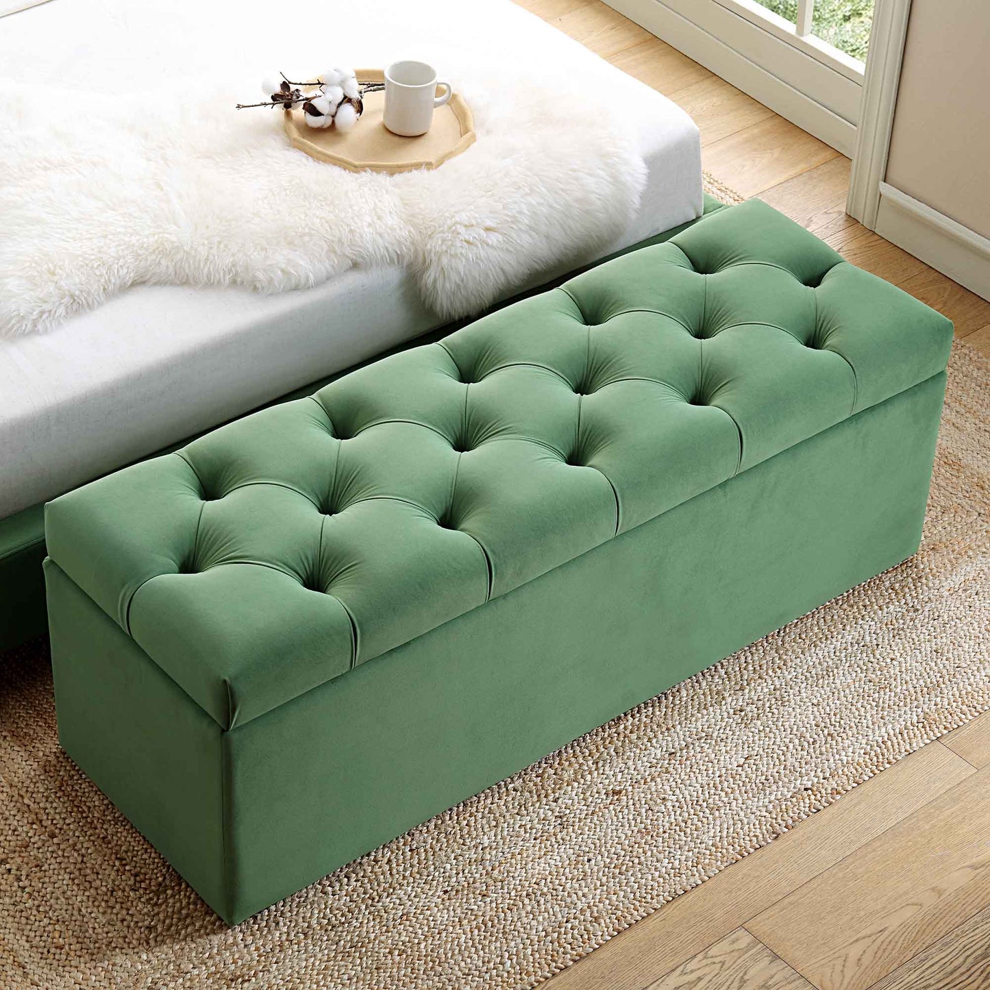 Banc de rangement ottoman à boutons profonds Leamington, velours vert prairie