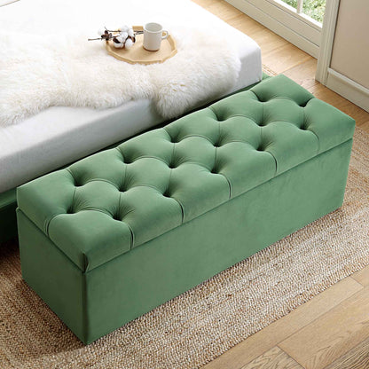 Banc de rangement ottoman à boutons profonds Leamington, velours vert prairie