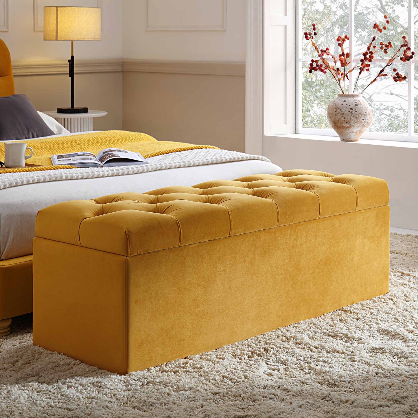 Banc de rangement ottoman à boutons profonds Leamington, velours jaune curcuma