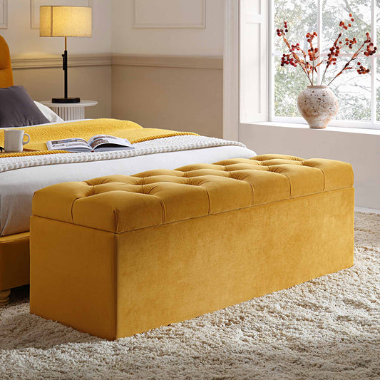 Banc de rangement ottoman à boutons profonds Leamington, velours jaune curcuma