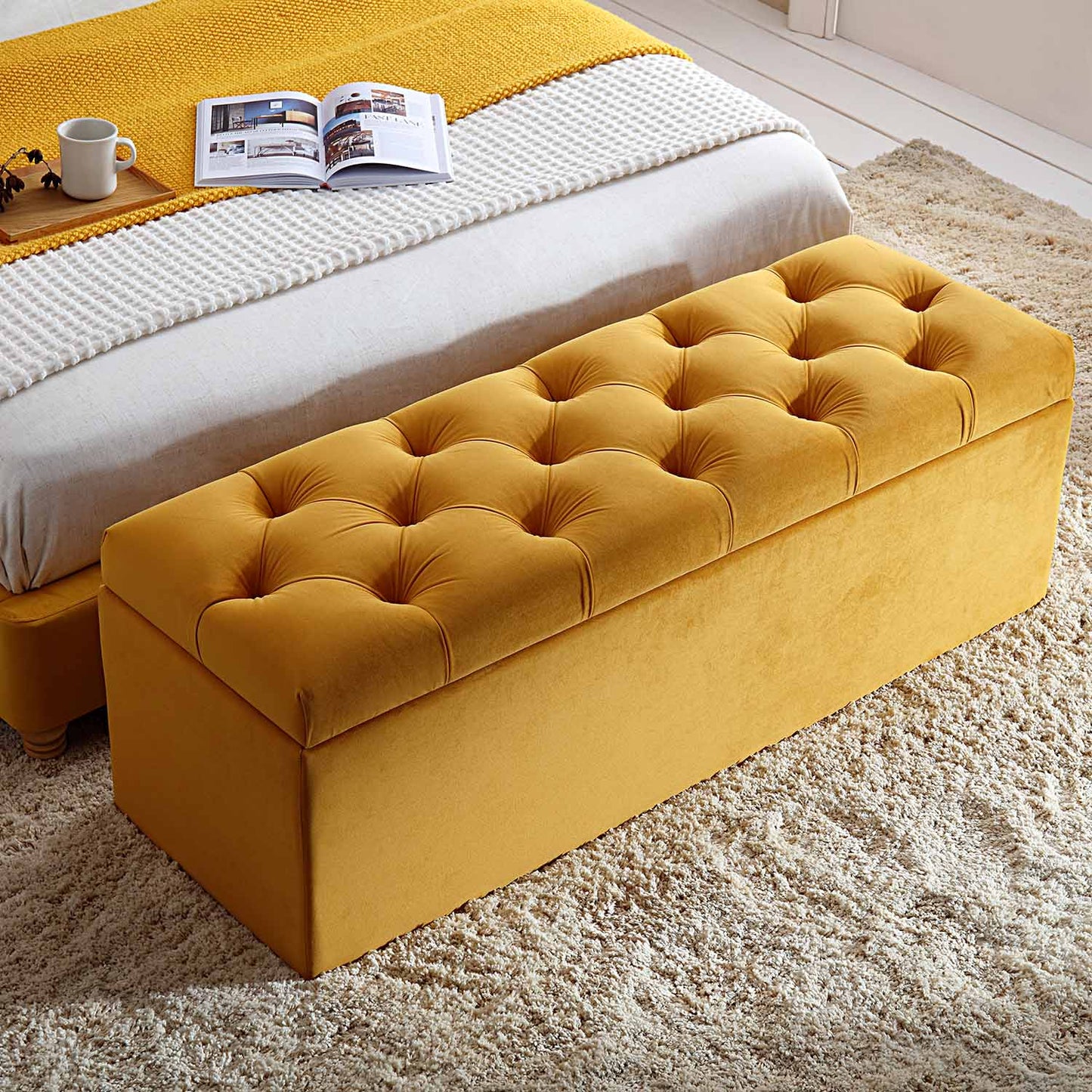 Banc de rangement ottoman à boutons profonds Leamington, velours jaune curcuma