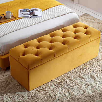 Banc de rangement ottoman à boutons profonds Leamington, velours jaune curcuma