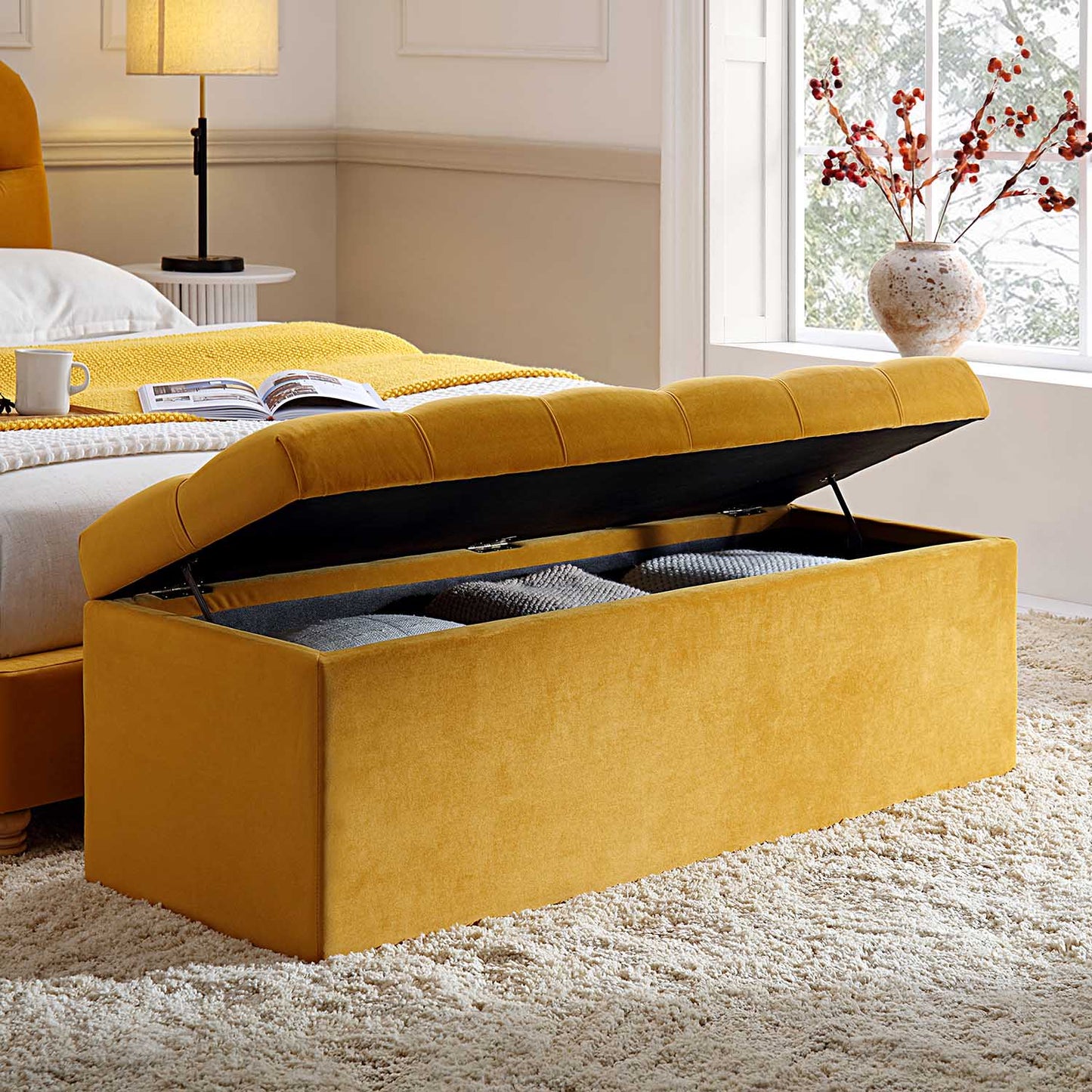 Banc de rangement ottoman à boutons profonds Leamington, velours jaune curcuma