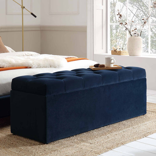 Banc de rangement ottoman à boutons profonds Leamington, velours bleu nuit