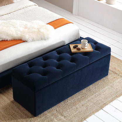 Banc de rangement ottoman à boutons profonds Leamington, velours bleu nuit