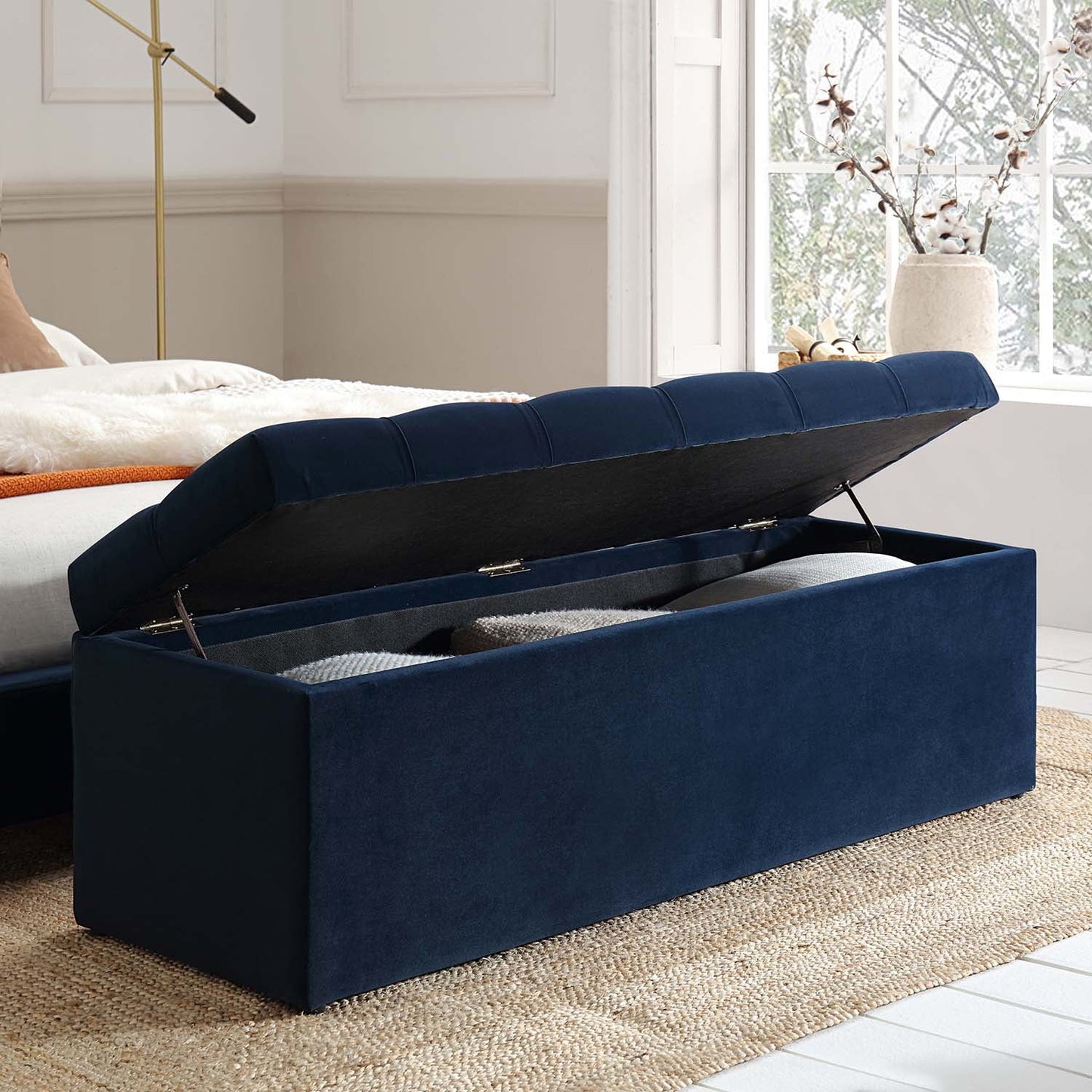 Banc de rangement ottoman à boutons profonds Leamington, velours bleu nuit