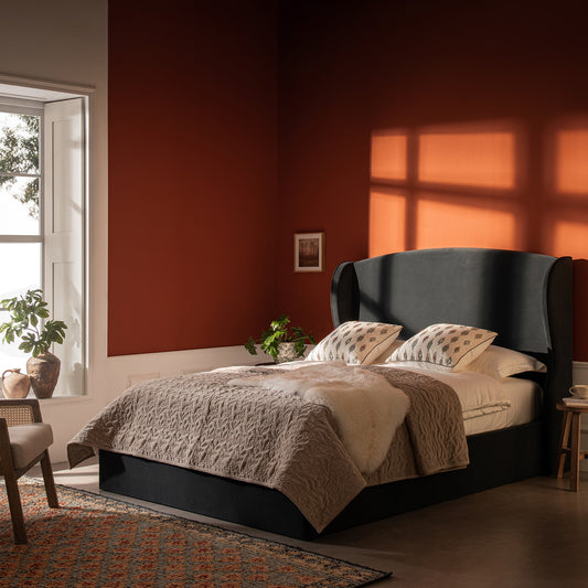 Lit de rangement rembourré Kimberly à oreilles, velours bleu égéen