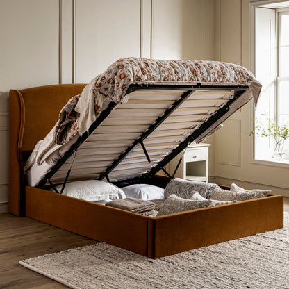 Lit de rangement rembourré à oreilles Kimberly, velours cannelle