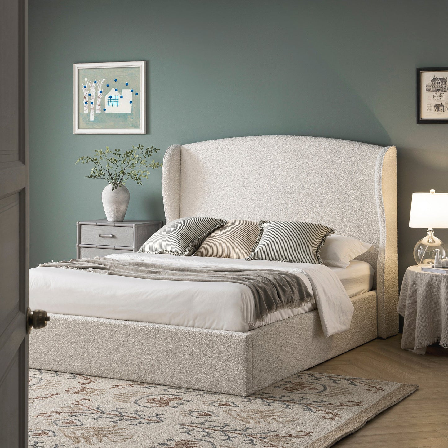 Lit de rangement rembourré à oreilles Kimberly, boucle écrue