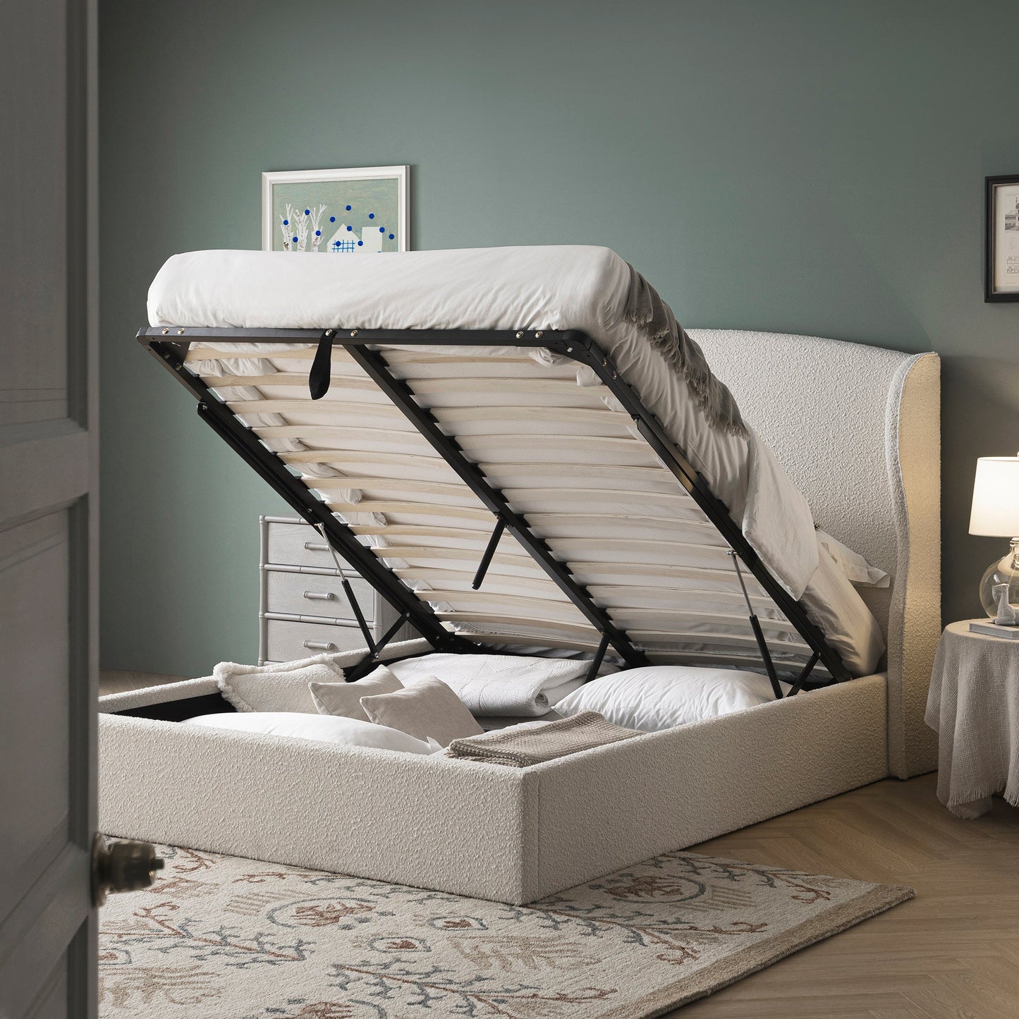 Lit de rangement rembourré à oreilles Kimberly, boucle écrue