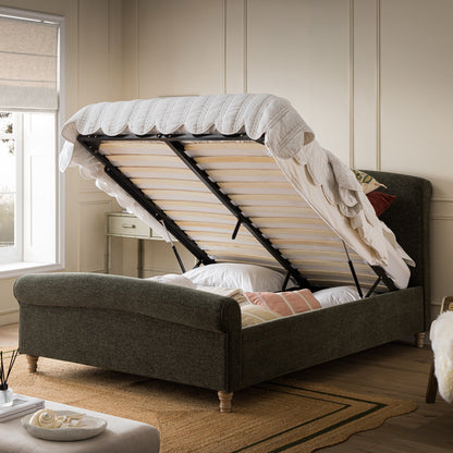 Lit traîneau avec rangement ottoman Porchester, chenille vert forêt