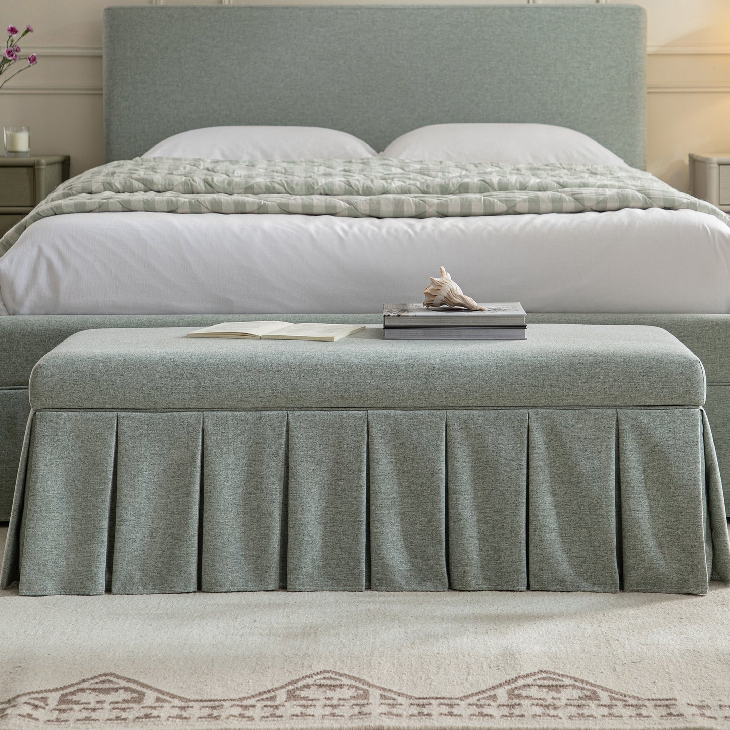 Banc de rangement à plis creux Egerton, tissu brossé bleu aqua pâle