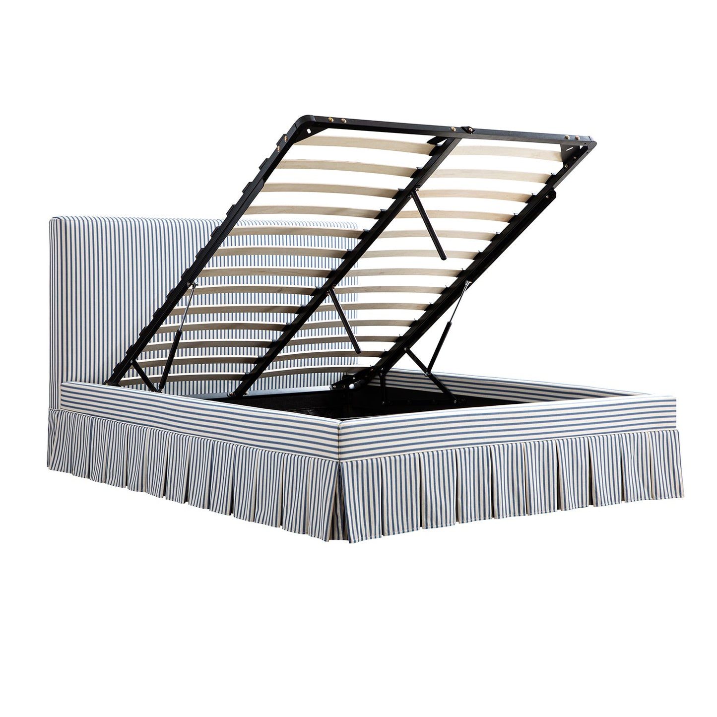 Lit ottoman de rangement à plis creux Egerton, lin rayé bleu