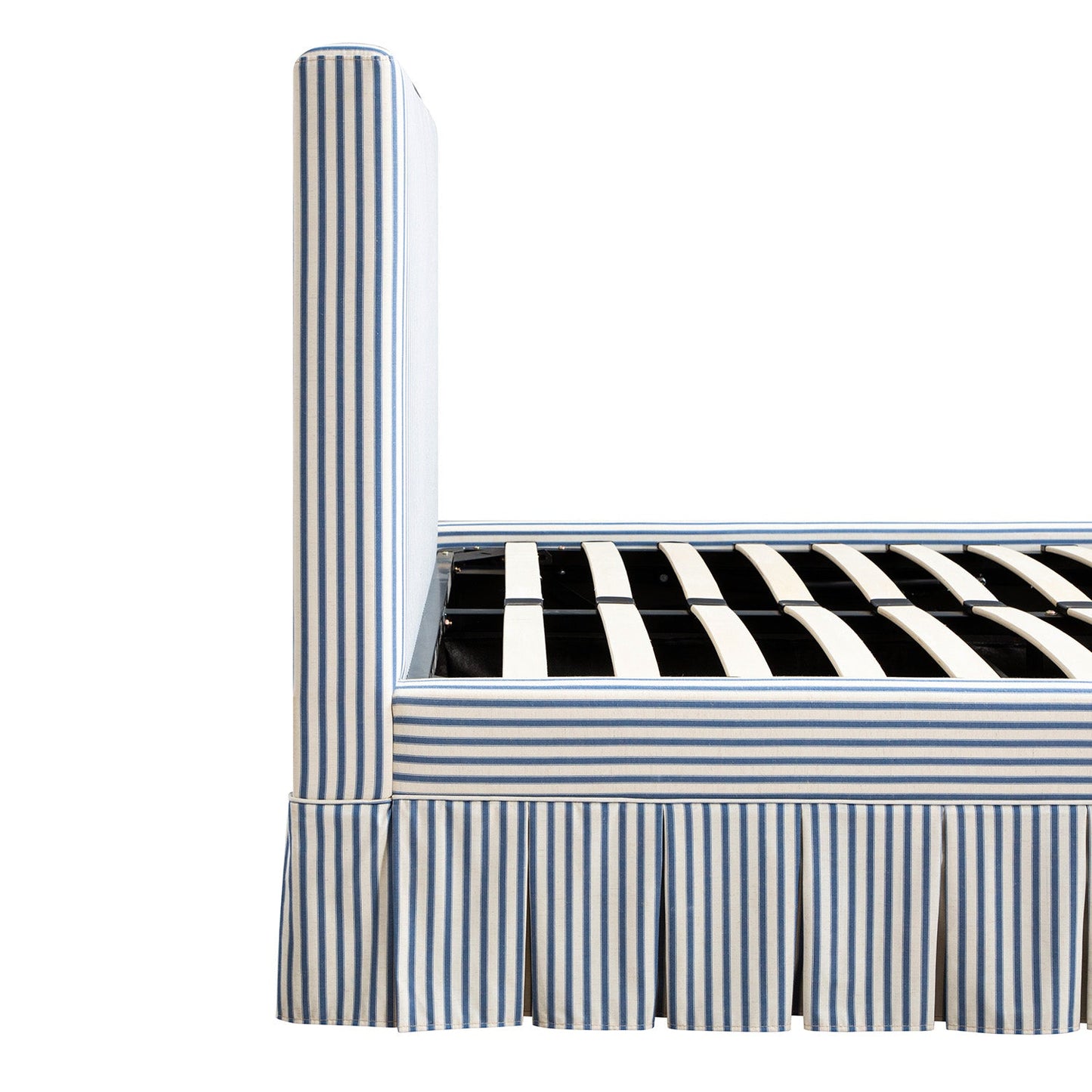 Lit ottoman de rangement à plis creux Egerton, lin rayé bleu